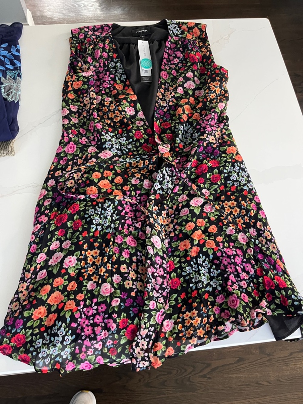 Yumi Kim Black Floral Wrap Dress with Pink, Orange, Red and Green Accents